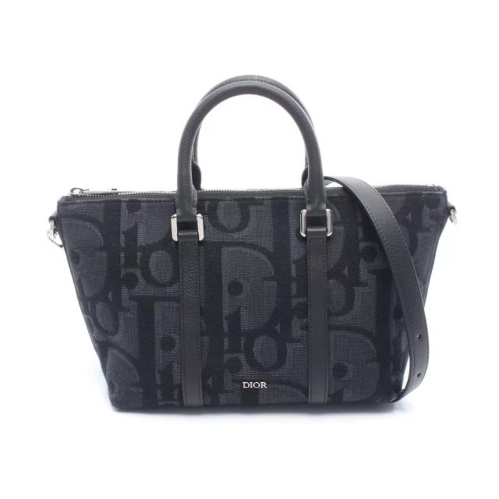 Dior Weekender Maxi Oblique Handbag Canvas Leather Navy Blue Black
